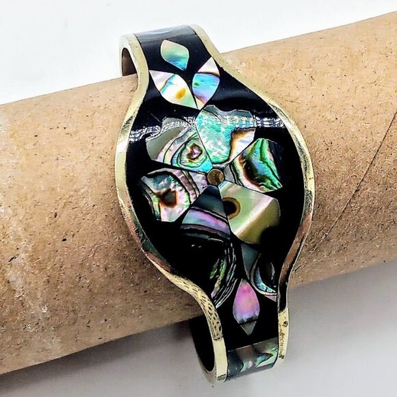 Sterling Silver Abalone Black Enamel Cuff Bracelet - Picture 2 of 5